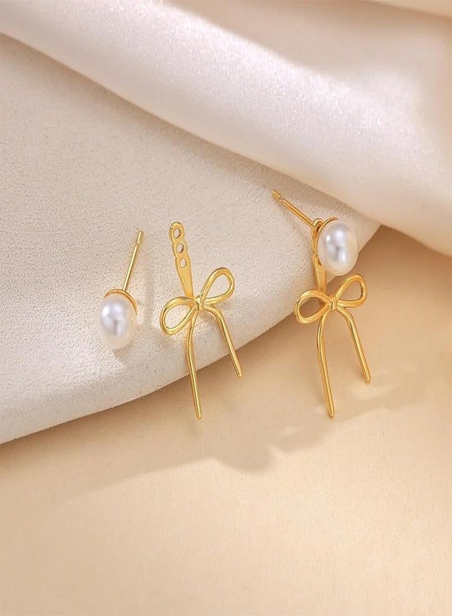 ecozran Elegant 14K Gold Plated Pearl Huggie Earrings for Women Trendy Hoop Earrings with Twisted Rope Bow Stud and Pearl - Ideal Jewelry Gift (Gold Bow-F) - Image 3